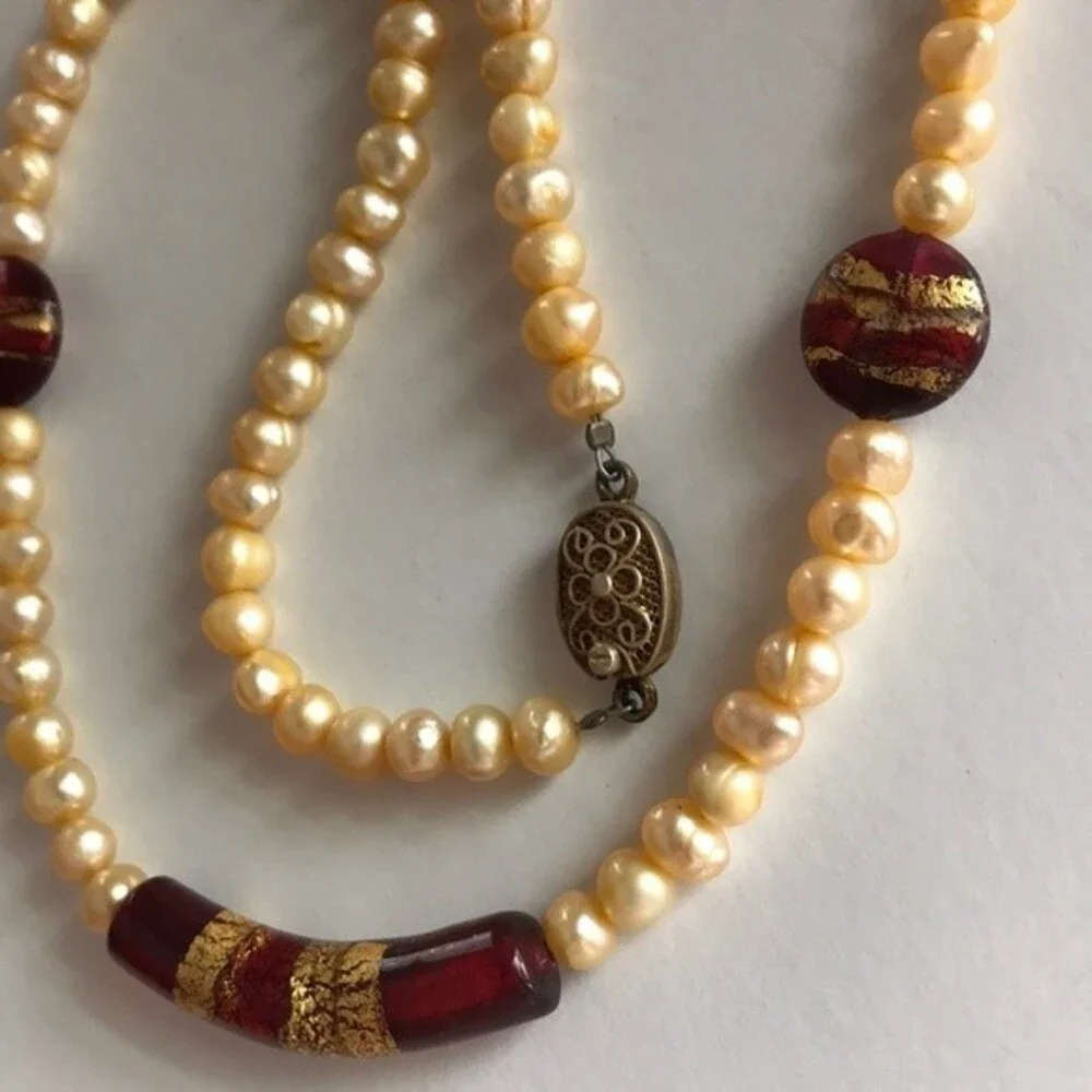 Vintage Handmade Venetian Glass Freshwater Gold Pearl Sterling Clasp Necklace 18